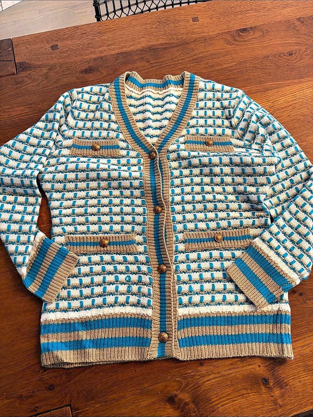 Geometric V-Neck Cardigan in Blue & Cream